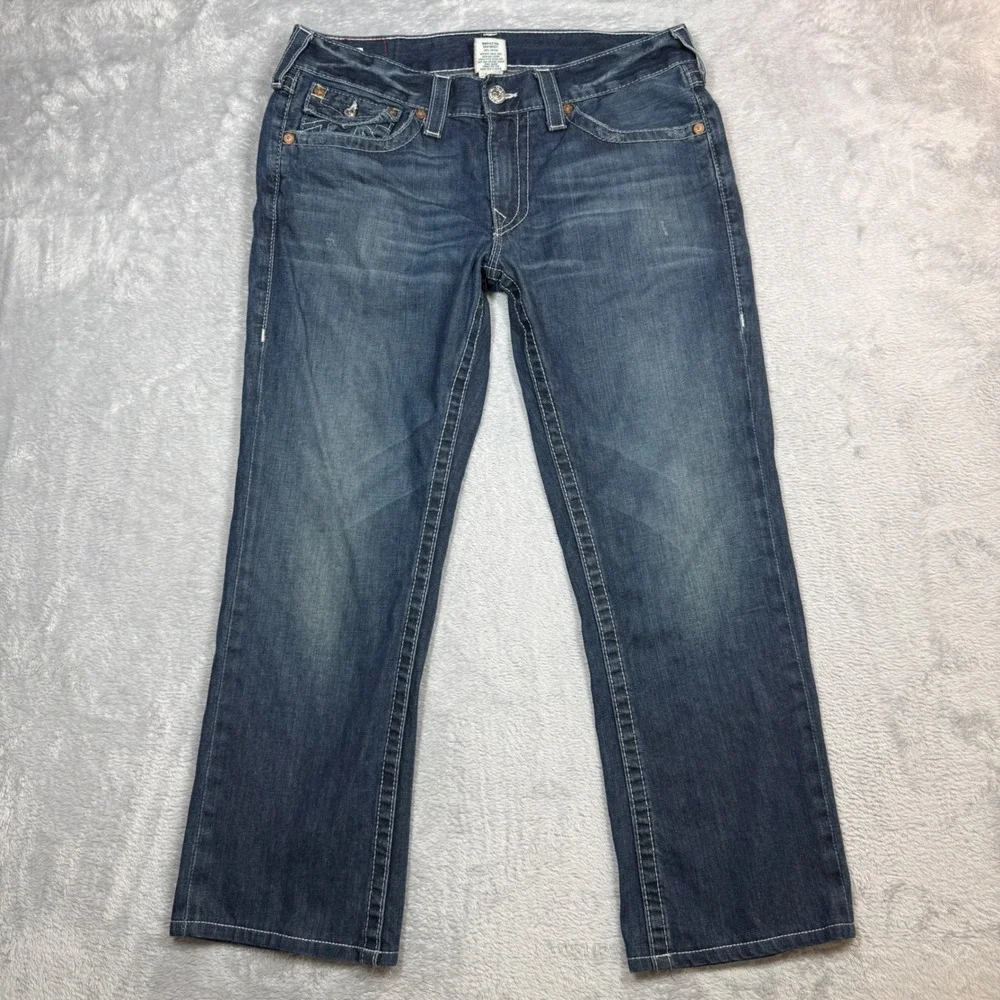 True Religion Ricky Jeans Men 34 (Fits 36x28) Blue Faded Whiskered Straight